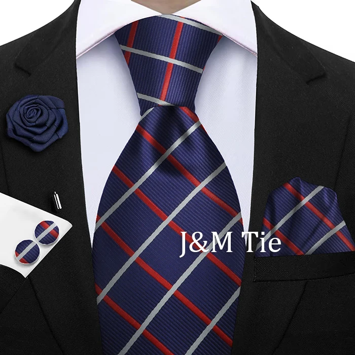 Luxury Mens Purple Yellow Grey Ties Floral Ties Plaid Striped NeckTie Pocket Square Cufflinks Brooch Set Men's Wedding Party Tie