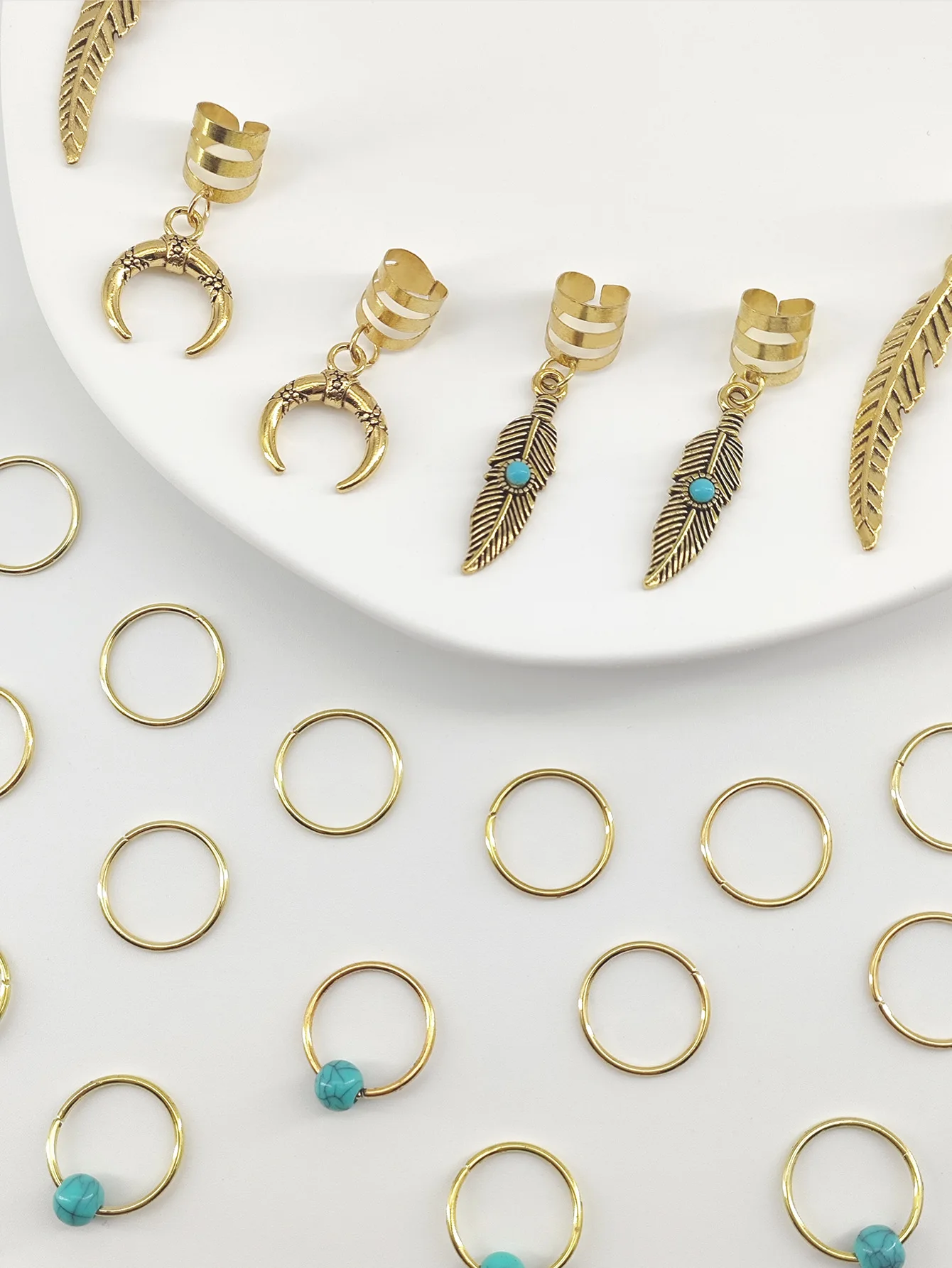 Turquoise Feather Moon Pendant Hair Rings Adjustable Unisex Boho Hair Cuffs Natural Style Dreadlock Accessories Multi-Size
