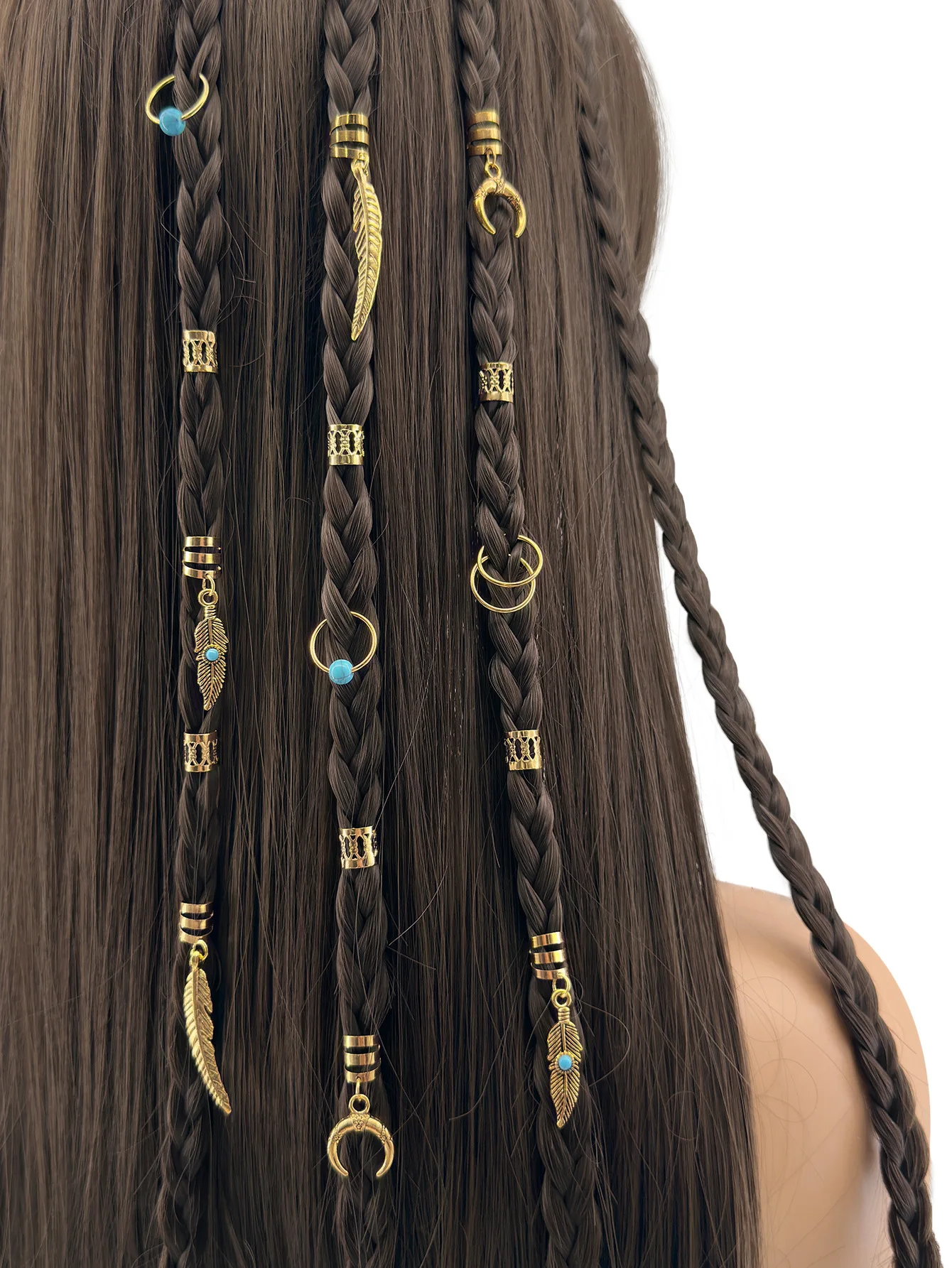 Turquoise Feather Moon Pendant Hair Rings Adjustable Unisex Boho Hair Cuffs Natural Style Dreadlock Accessories Multi-Size