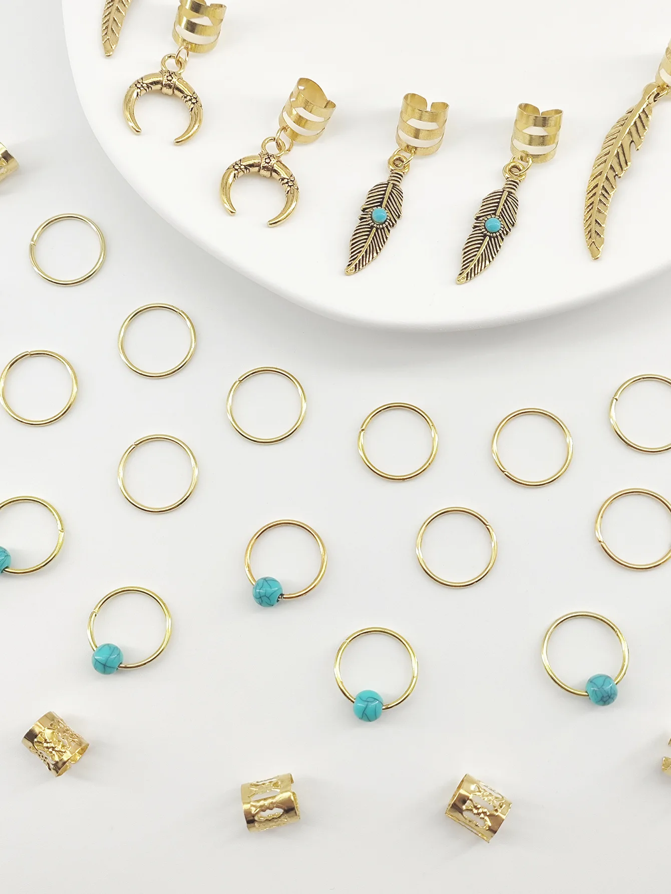 Turquoise Feather Moon Pendant Hair Rings Adjustable Unisex Boho Hair Cuffs Natural Style Dreadlock Accessories Multi-Size