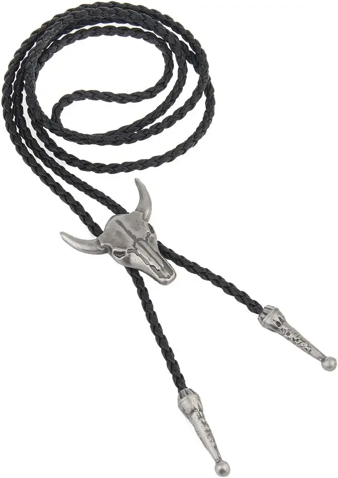 Adjustable Bull Head Five Stars Western Cowboy Bolo Tie Rodeo Dance Necktie Faux Leather Pendant Necklace