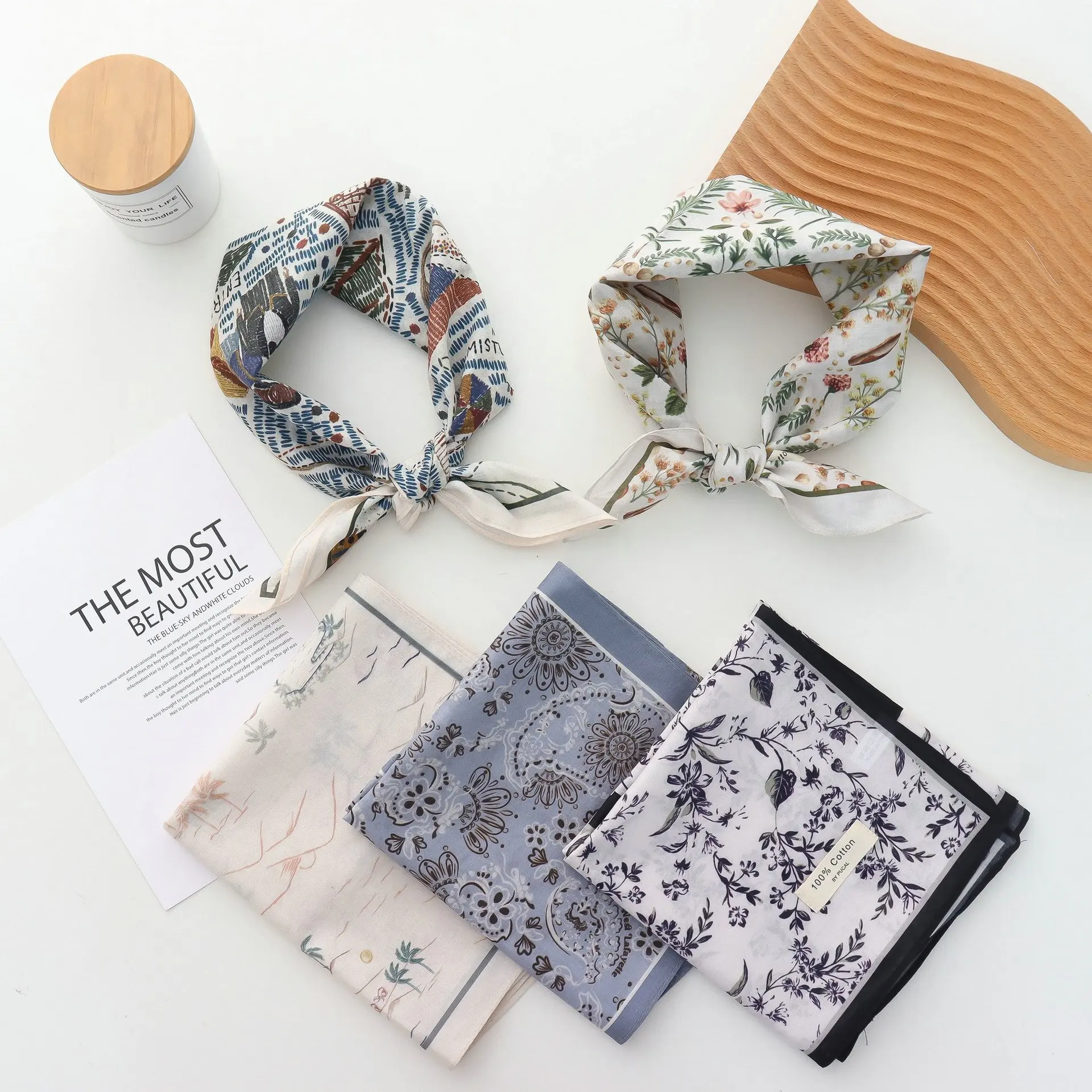 Pure Cotton Hand Towel Floral Bag Korean Style Retro 55CM Square Scarf Headscarf Women's Summer Good Match Scarf Outer Wear