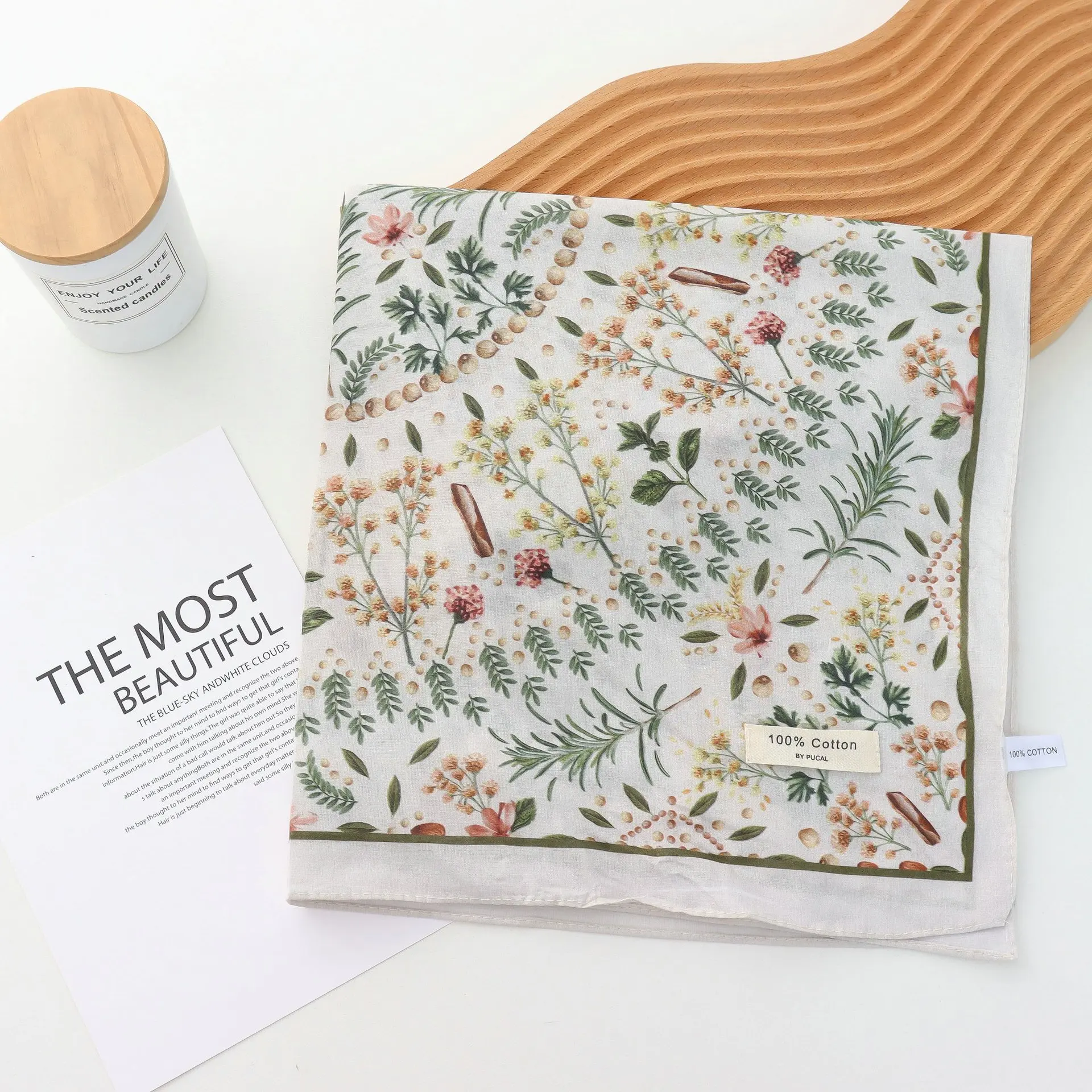 Pure Cotton Hand Towel Floral Bag Korean Style Retro 55CM Square Scarf Headscarf Women's Summer Good Match Scarf Outer Wear