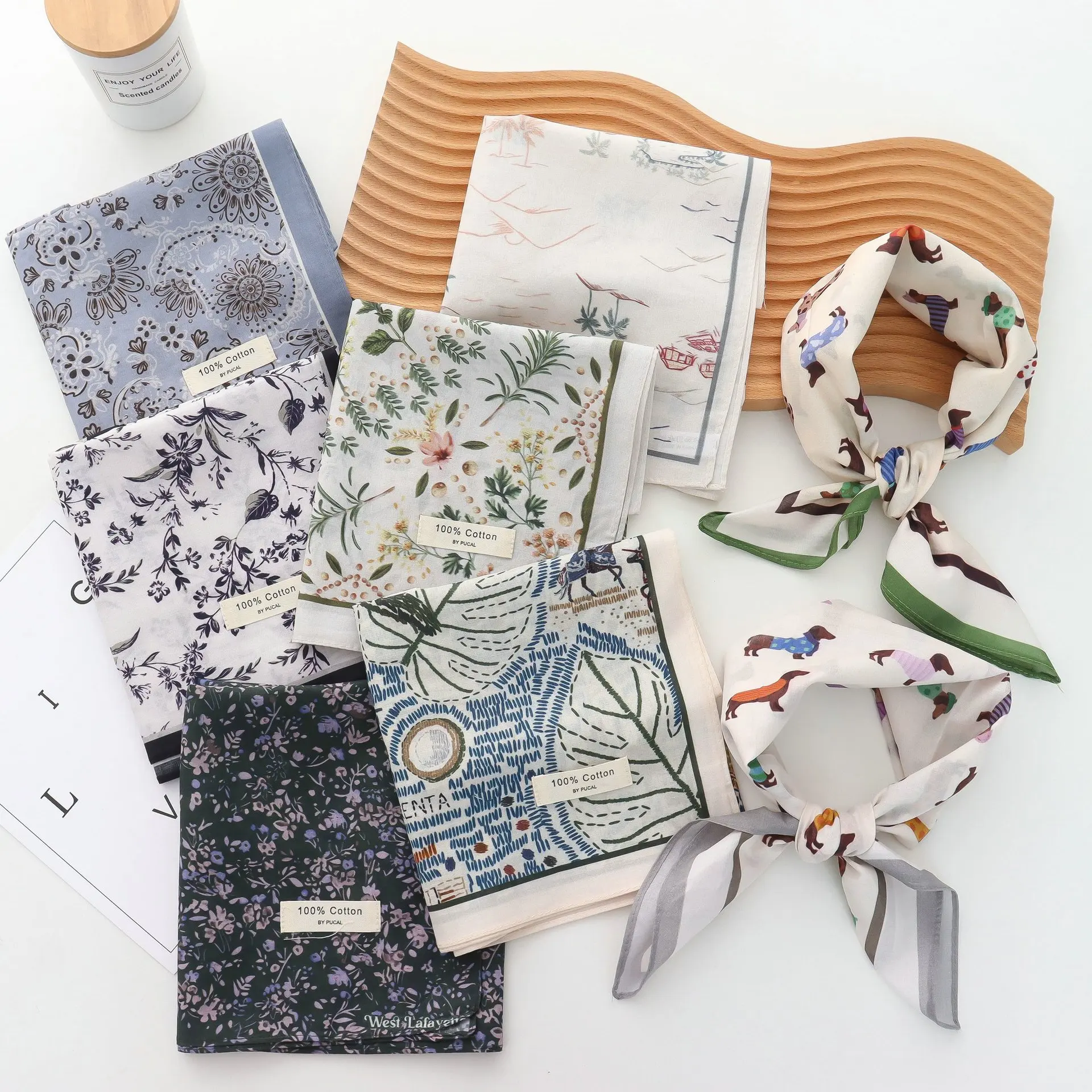 Pure Cotton Hand Towel Floral Bag Korean Style Retro 55CM Square Scarf Headscarf Women's Summer Good Match Scarf Outer Wear
