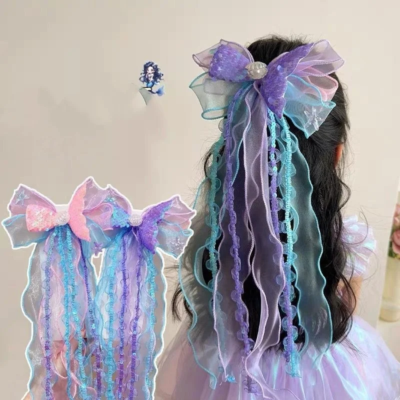 Super Fairy Mermaid Hairband Children's Crown Headwear Girl's Pearl Tassel Forehead Chain Little Girl Butterfly Knot Hair Clip