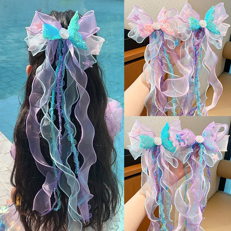 Super Fairy Mermaid Hairband Children's Crown Headwear Girl's Pearl Tassel Forehead Chain Little Girl Butterfly Knot Hair Clip