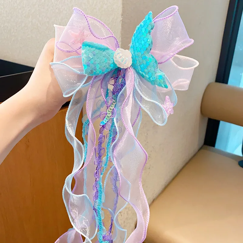 Super Fairy Mermaid Hairband Children's Crown Headwear Girl's Pearl Tassel Forehead Chain Little Girl Butterfly Knot Hair Clip