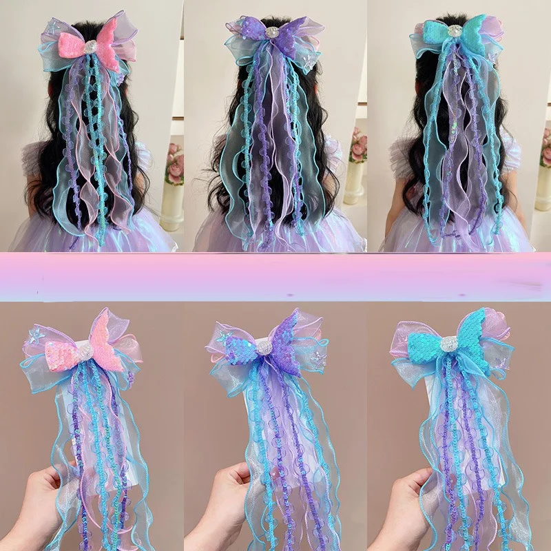 Super Fairy Mermaid Hairband Children's Crown Headwear Girl's Pearl Tassel Forehead Chain Little Girl Butterfly Knot Hair Clip