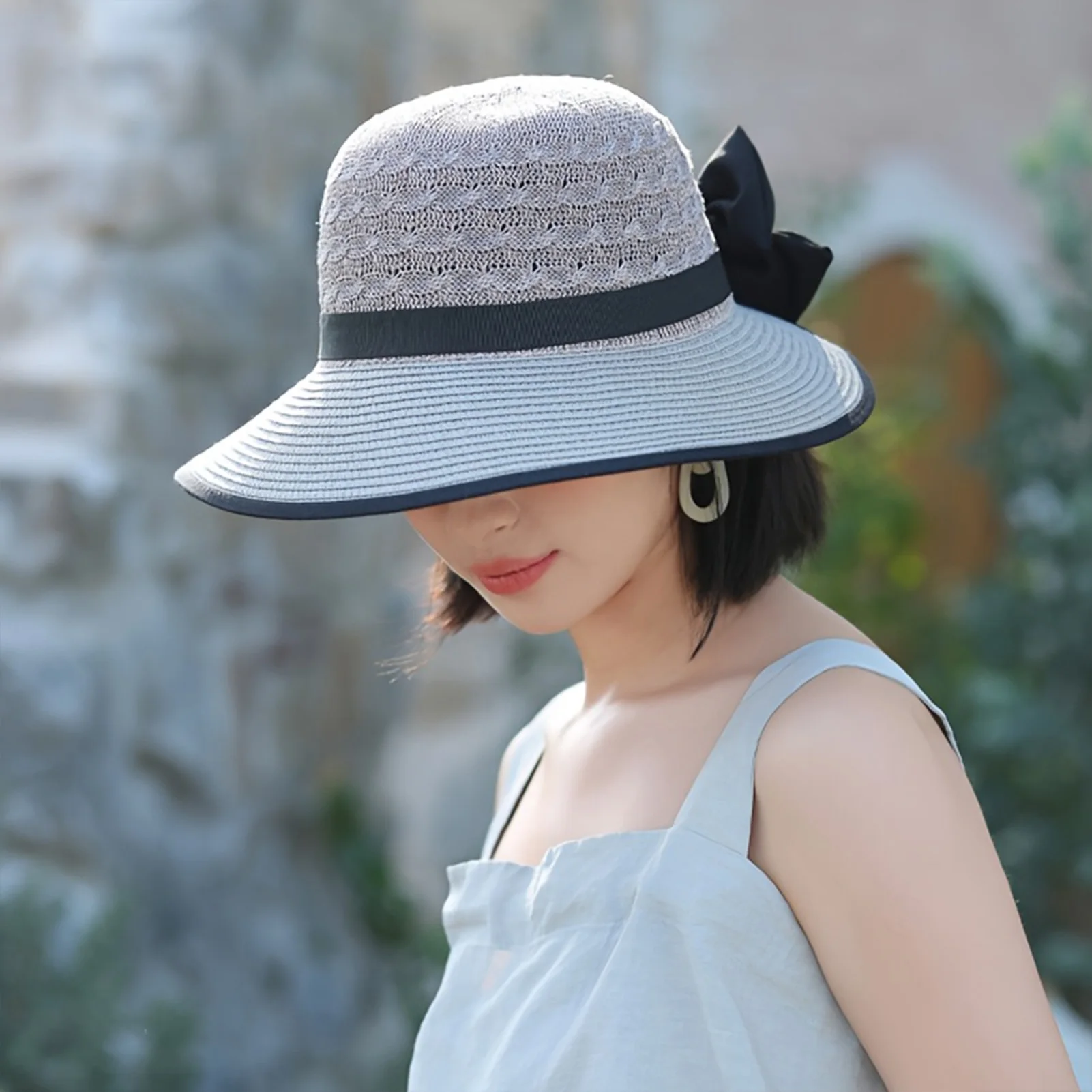 Summer Beach Straw Sun Hat Breathable French Style Bowknot Straw Hats Elegant Hat for Outdoor Travel Photography