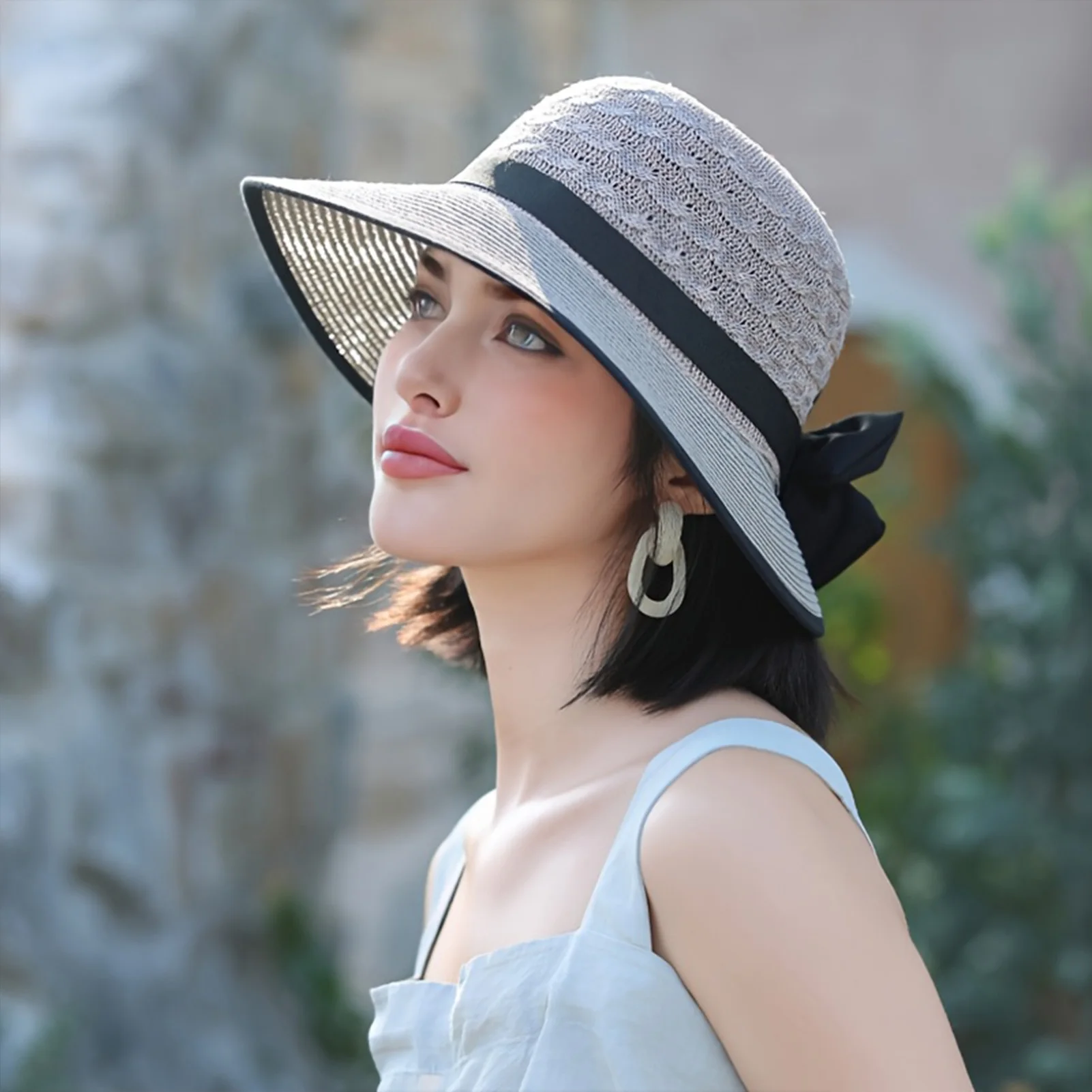 Summer Beach Straw Sun Hat Breathable French Style Bowknot Straw Hats Elegant Hat for Outdoor Travel Photography