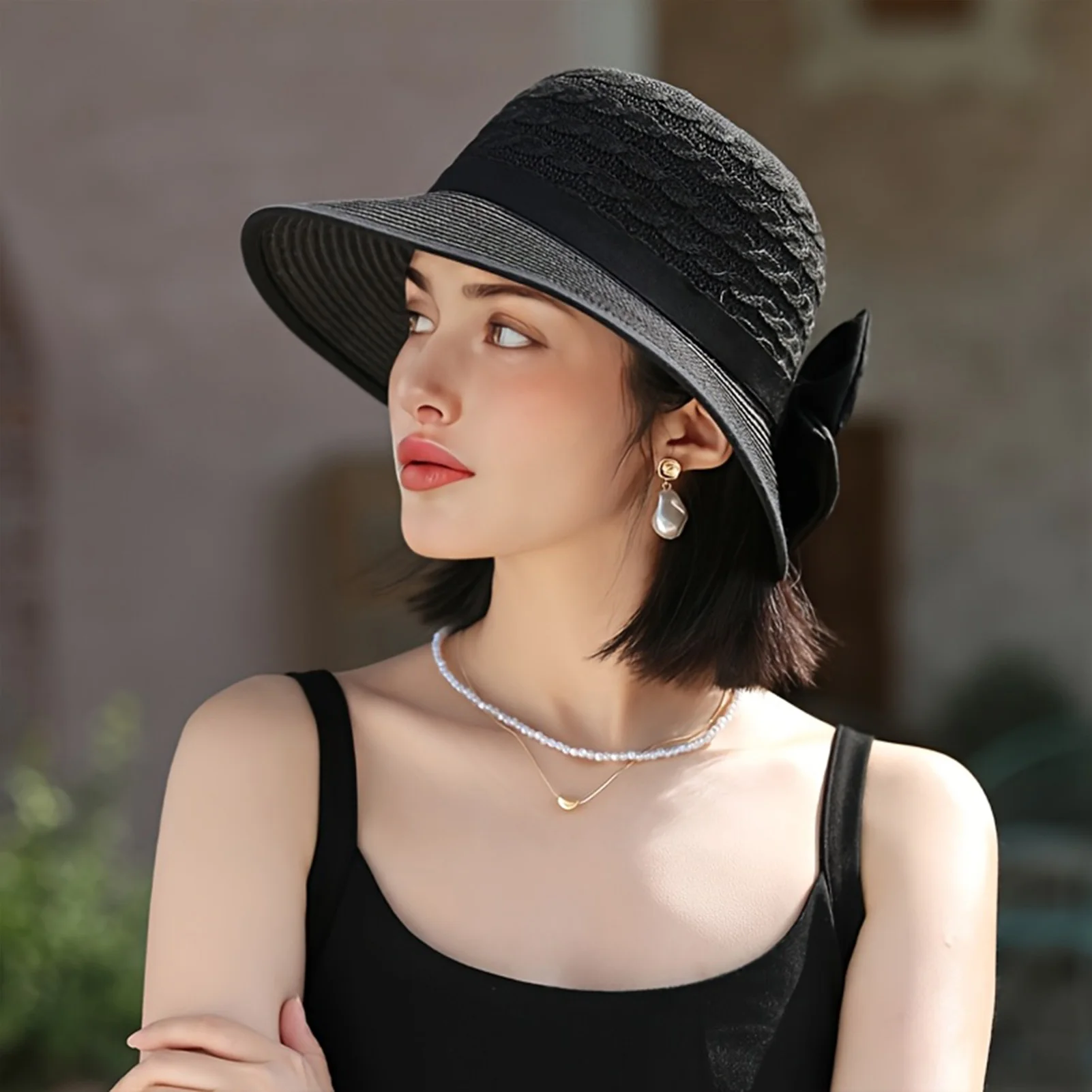 Summer Beach Straw Sun Hat Breathable French Style Bowknot Straw Hats Elegant Hat for Outdoor Travel Photography