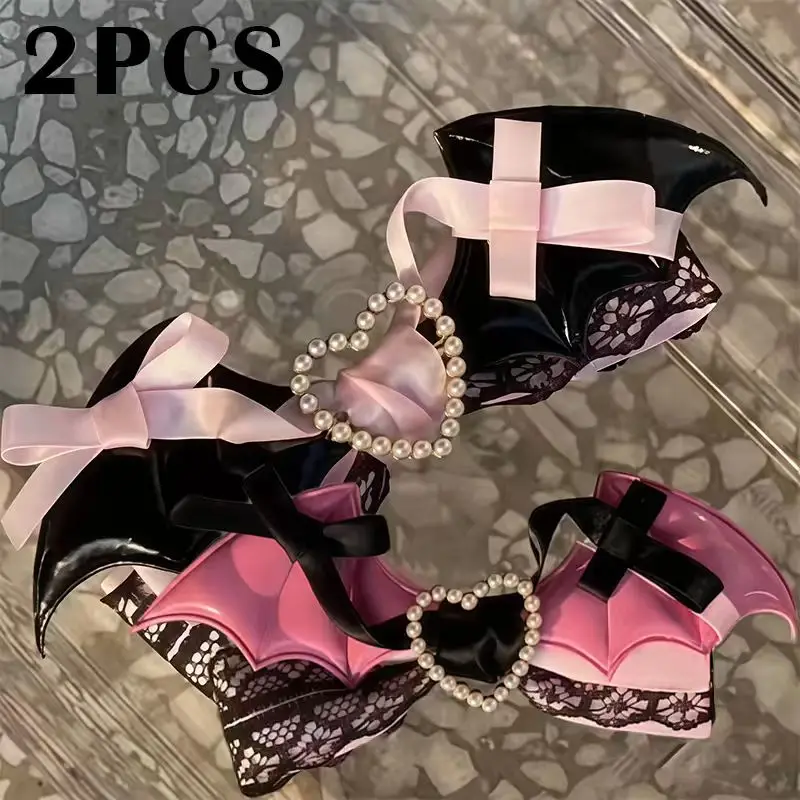 Lolita hair accessory Black Pink lace bow clip sweet girl hairpin 