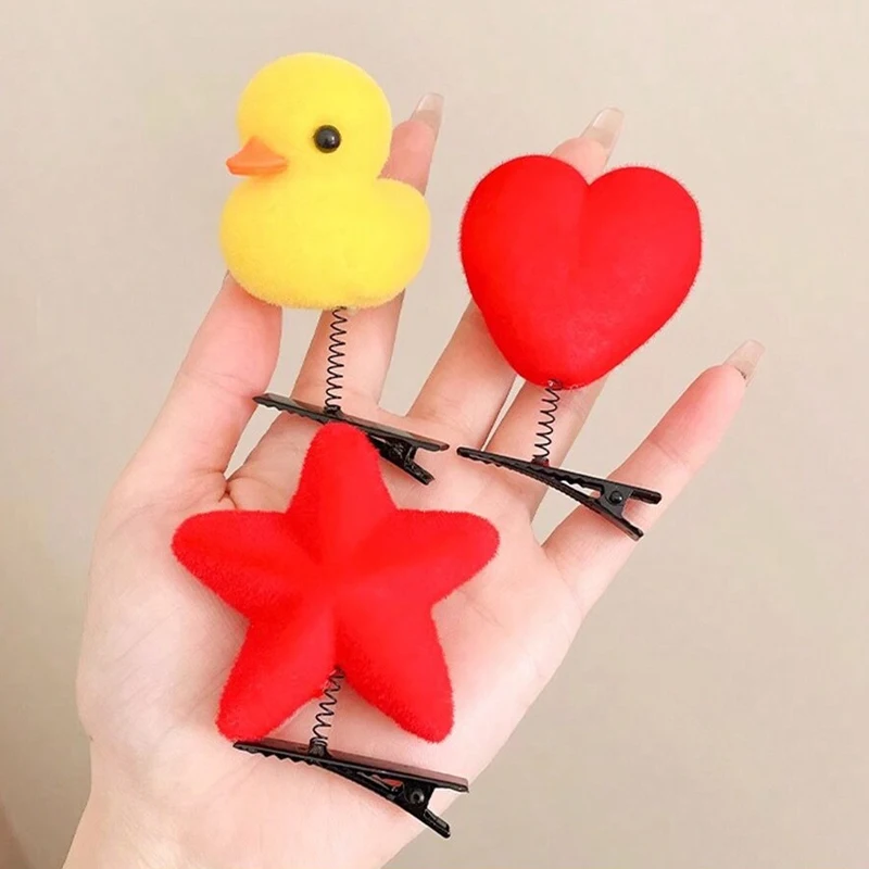 2 new pieces of cute fuzzy chicken hair clips, with a little yellow chick and a red heart peach as hair ornaments.