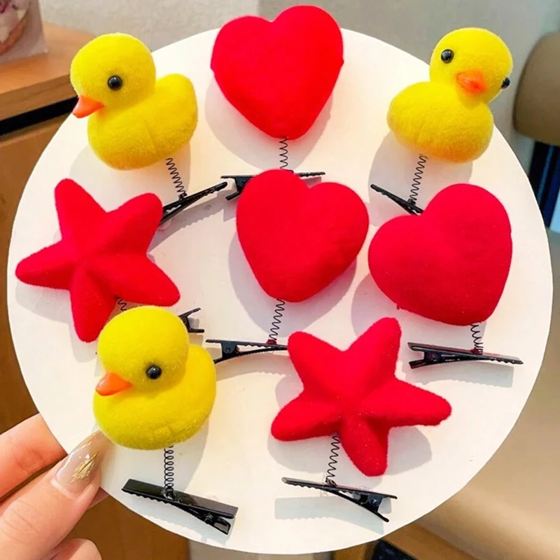 2 new pieces of cute fuzzy chicken hair clips, with a little yellow chick and a red heart peach as hair ornaments.