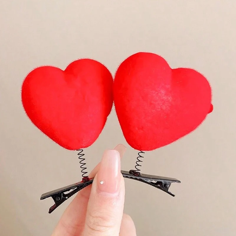 2 new pieces of cute fuzzy chicken hair clips, with a little yellow chick and a red heart peach as hair ornaments.
