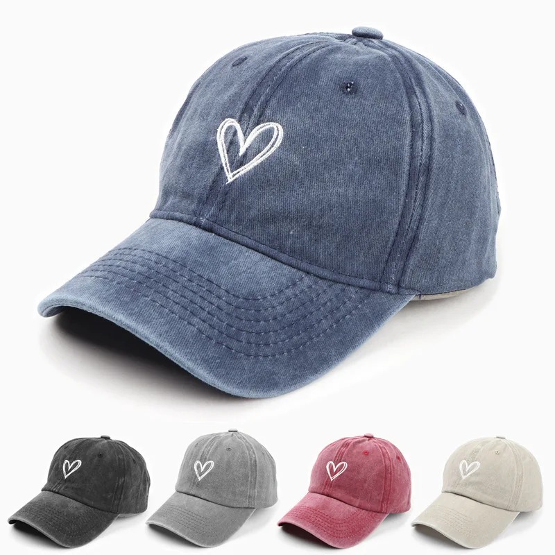 Love embroidery washed old spring and summer baseball cap for men and women, thin design for couples, soft top duckbill cap