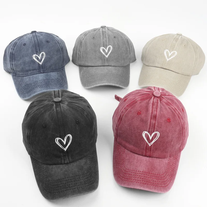 Love embroidery washed old spring and summer baseball cap for men and women, thin design for couples, soft top duckbill cap