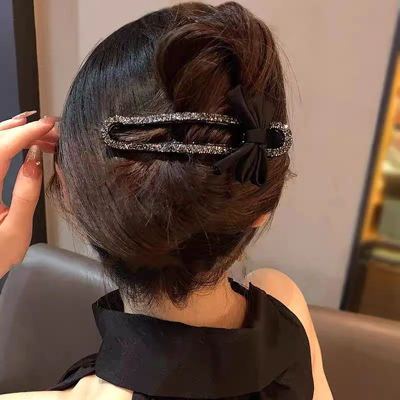Rhinestone Duckbill Clip Classic Black Bow Convenient Hairpin Versatile Fashion Girls Hairpin Hair Accessories
