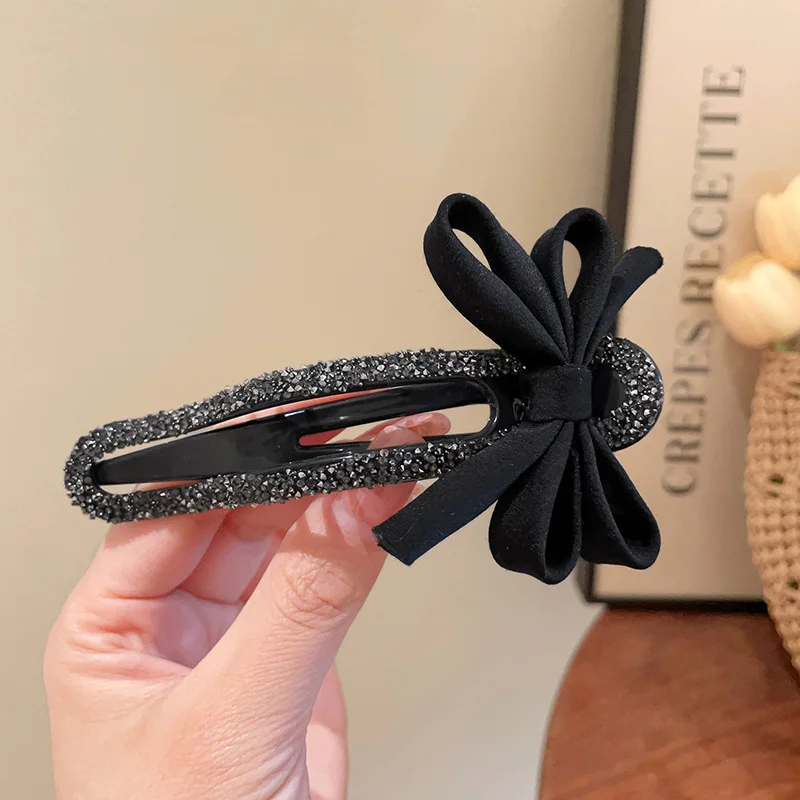 Rhinestone Duckbill Clip Classic Black Bow Convenient Hairpin Versatile Fashion Girls Hairpin Hair Accessories