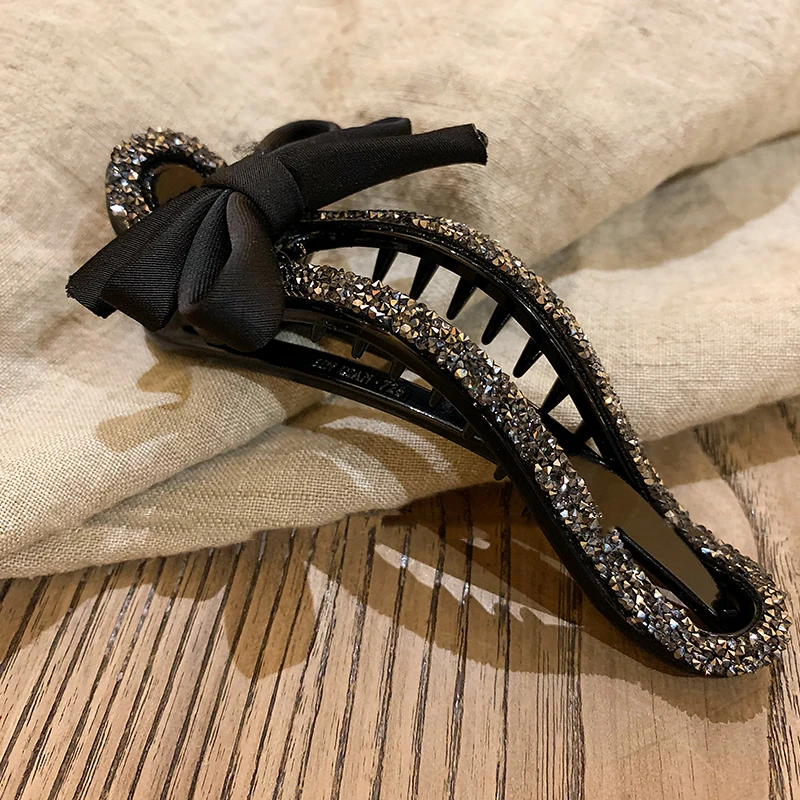 Rhinestone Duckbill Clip Classic Black Bow Convenient Hairpin Versatile Fashion Girls Hairpin Hair Accessories