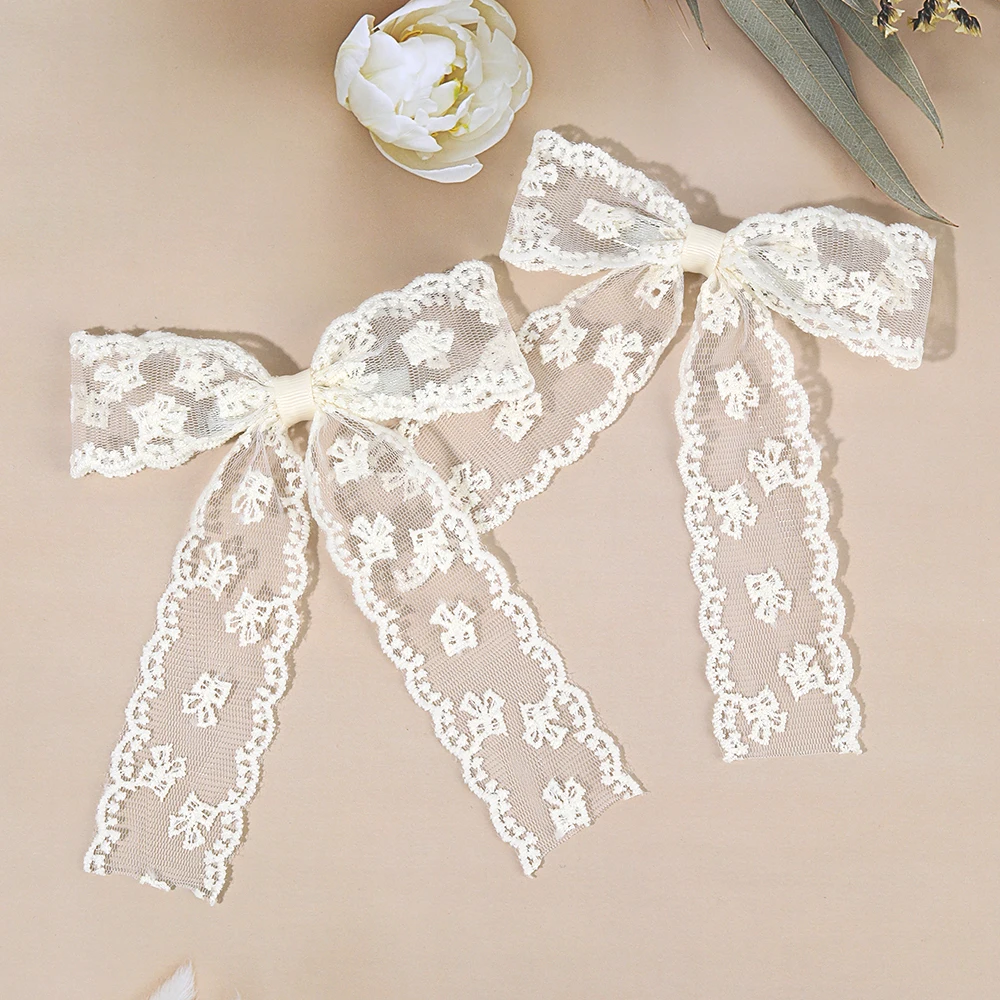 2Pcs Lace Bow Hair Clips Purple Embroidered Floral Hairpins For Women Girls Wedding Bridal Party Headdress Accessories Headwear