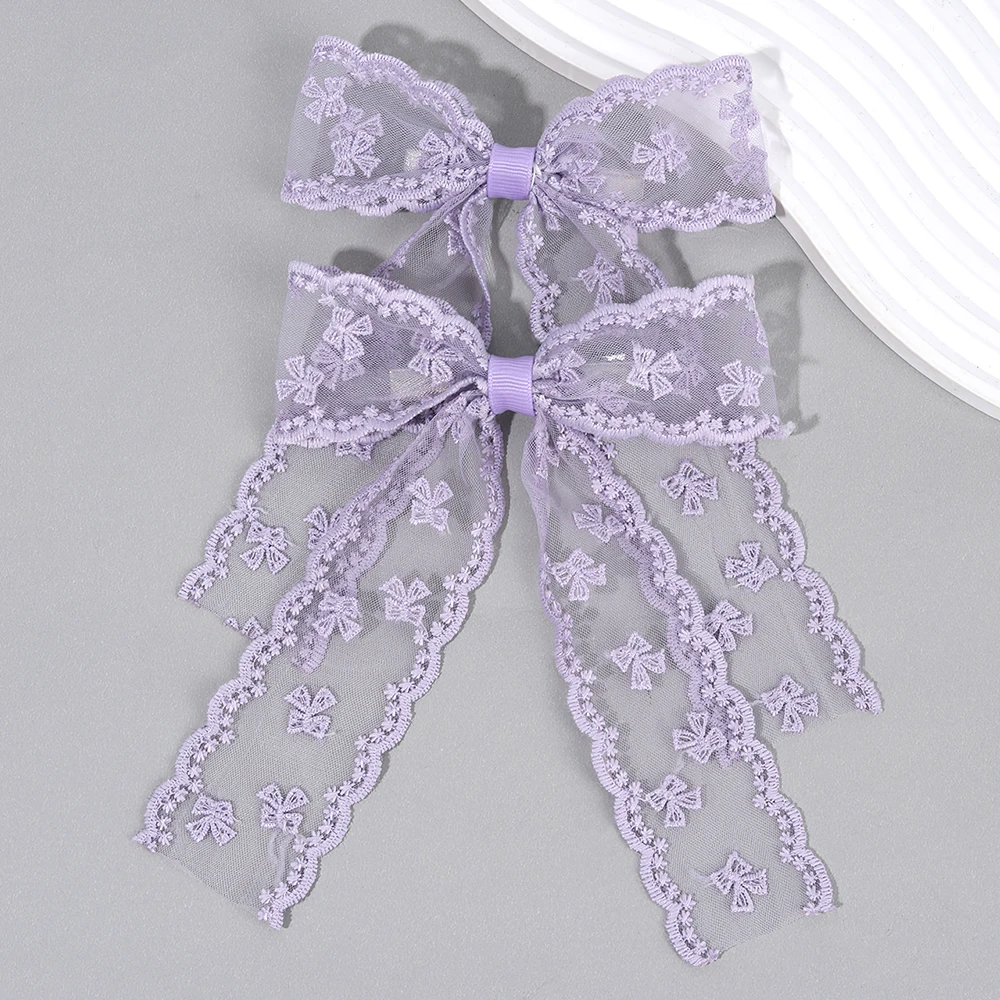 2Pcs Lace Bow Hair Clips Purple Embroidered Floral Hairpins For Women Girls Wedding Bridal Party Headdress Accessories Headwear