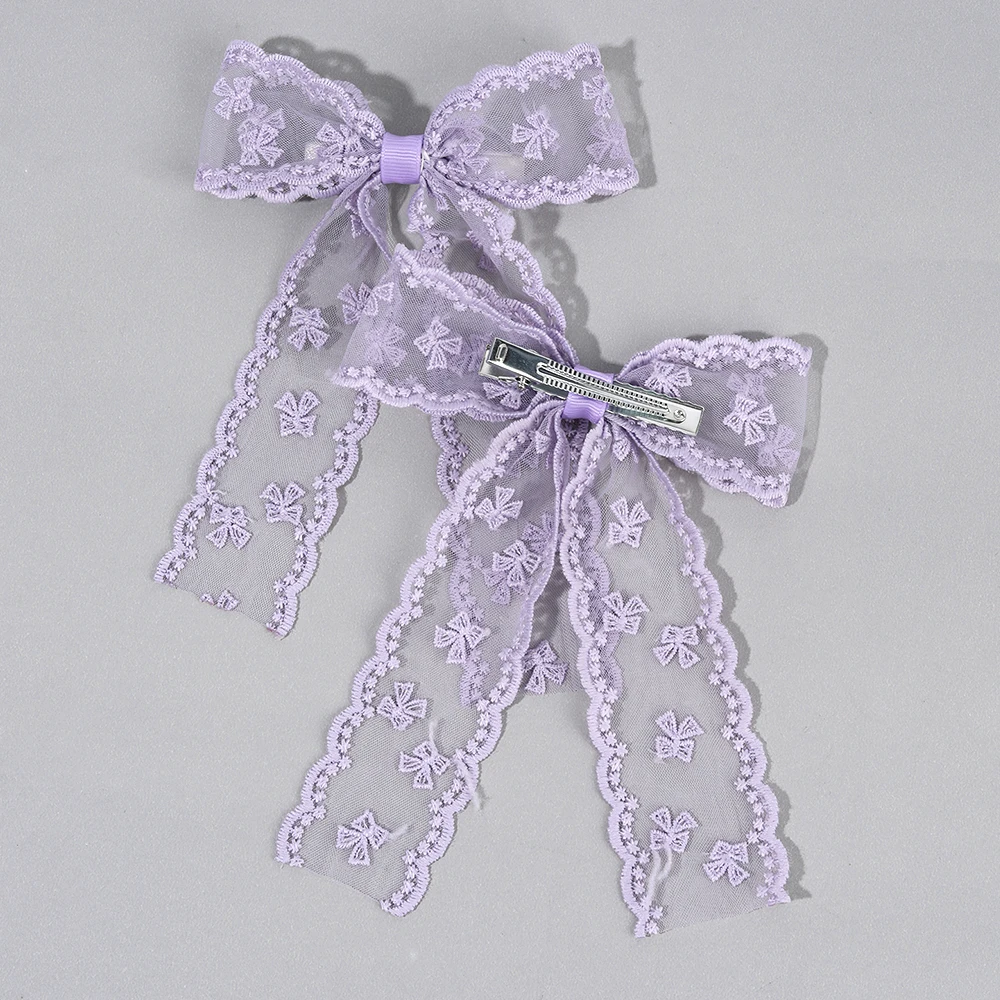 2Pcs Lace Bow Hair Clips Purple Embroidered Floral Hairpins For Women Girls Wedding Bridal Party Headdress Accessories Headwear