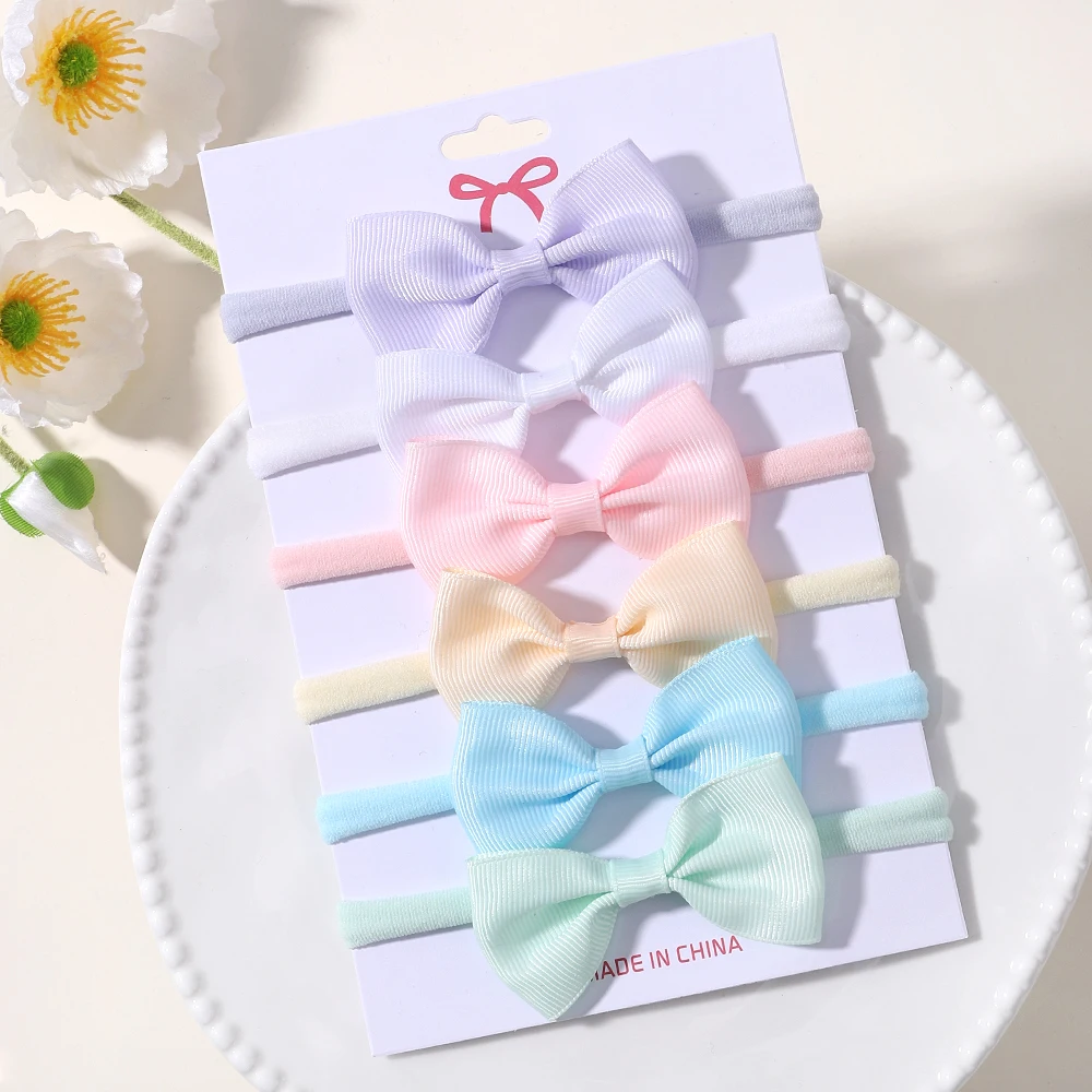 6Pcs/set Solid Color Grograin Ribbon Bowknot Headband For Girls New Headwear Elastic Hair Bands Infant Kids Hair Accessories