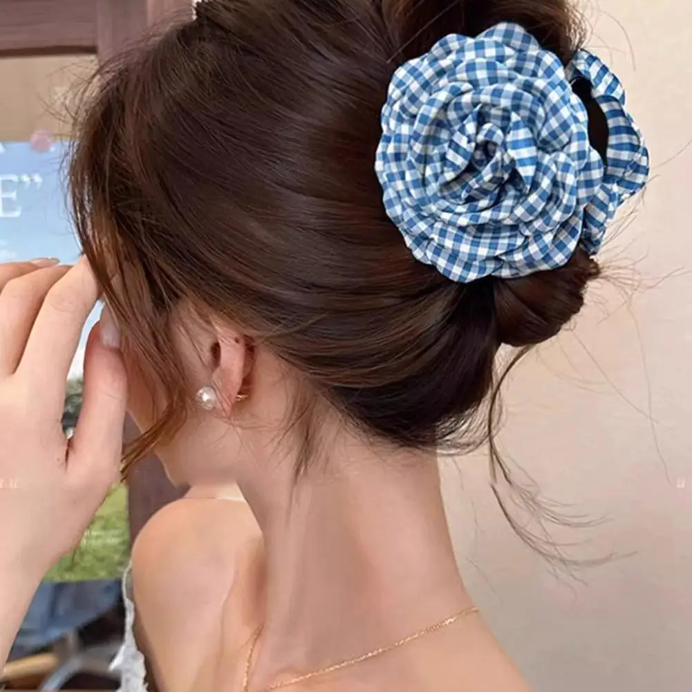 2025 New Grid Hair Claw Women's Gripper Korean Version Flower Hairpin Yellow Rose Exquisite Grab Clip Hair Accessory For Girls