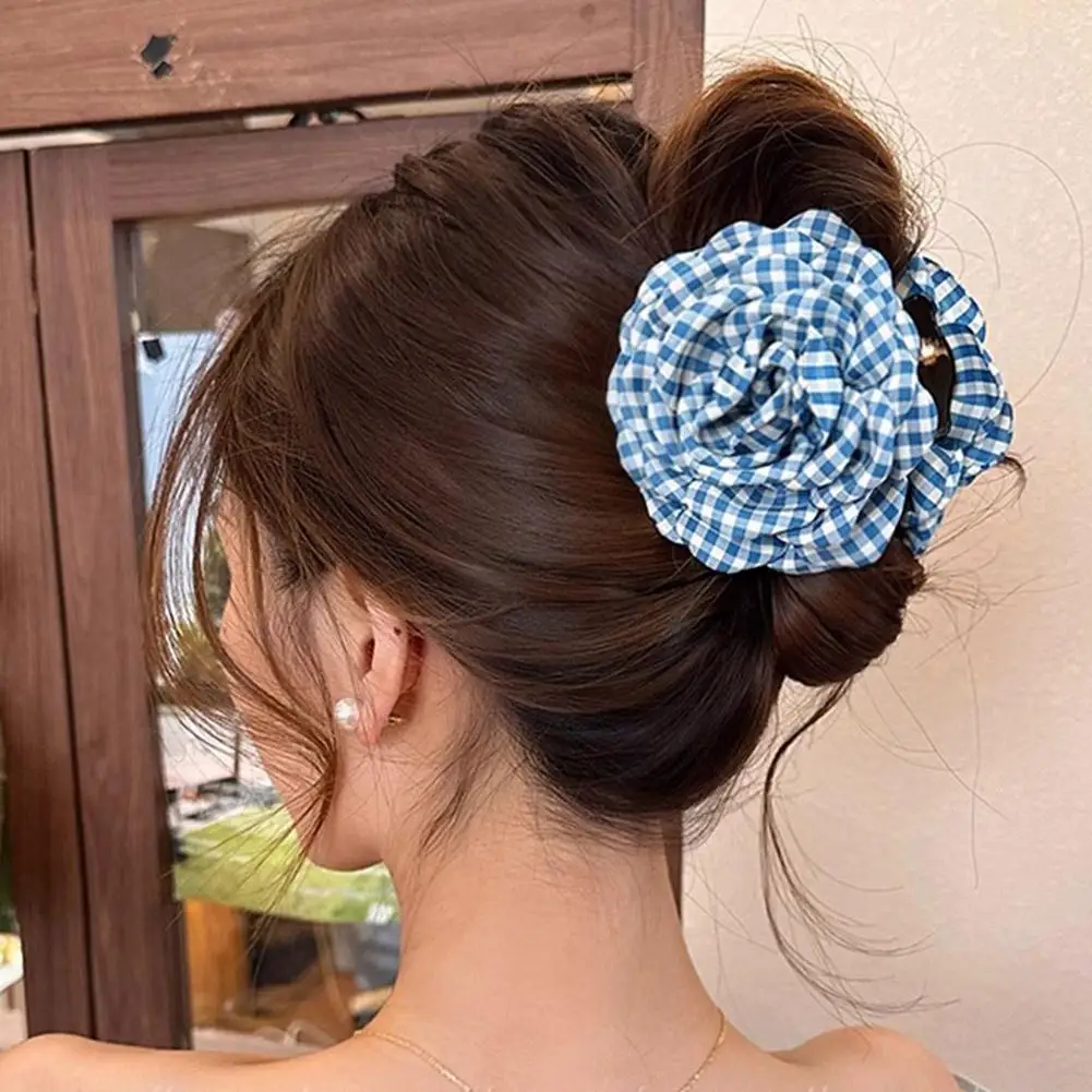 2025 New Grid Hair Claw Women's Gripper Korean Version Flower Hairpin Yellow Rose Exquisite Grab Clip Hair Accessory For Girls