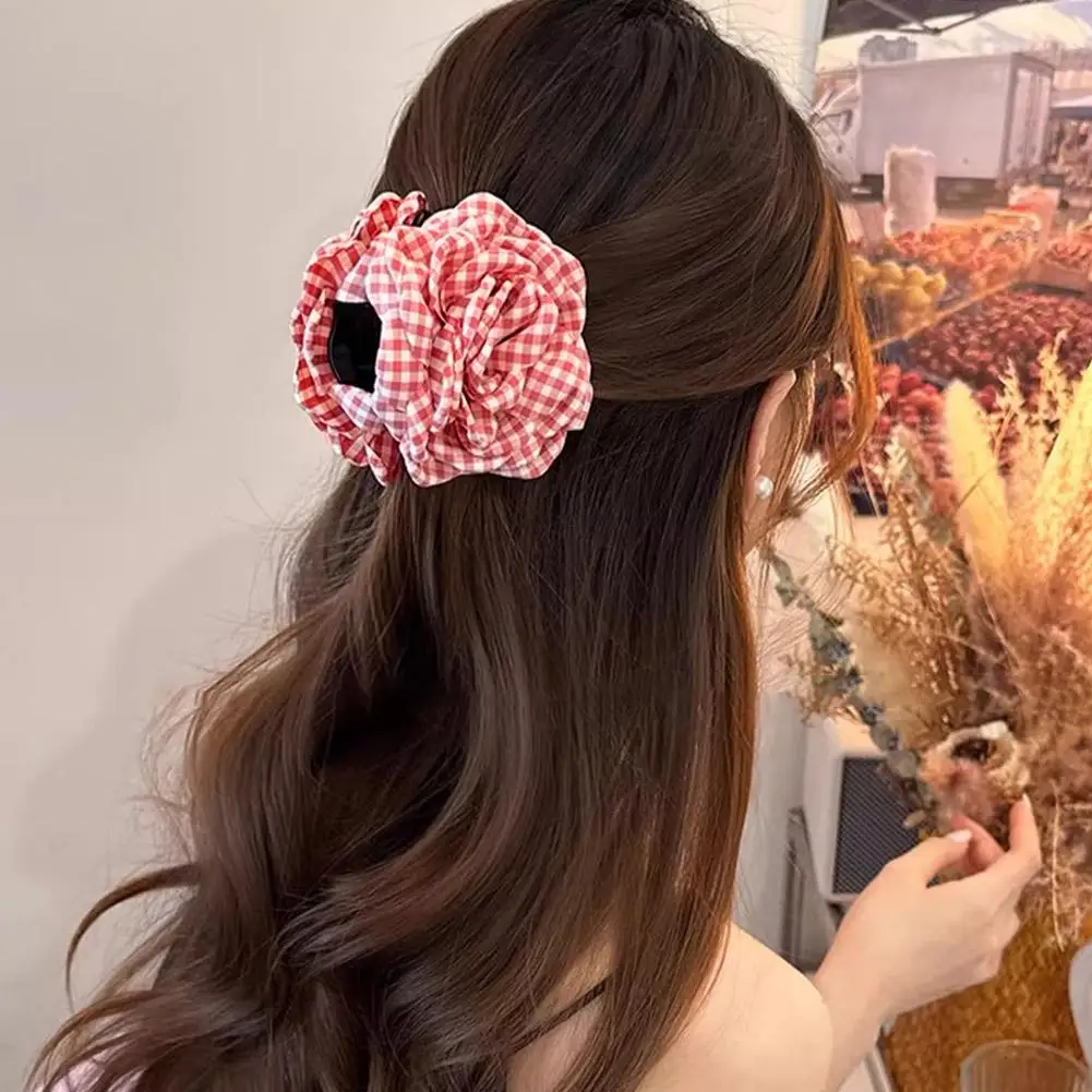 2025 New Grid Hair Claw Women's Gripper Korean Version Flower Hairpin Yellow Rose Exquisite Grab Clip Hair Accessory For Girls