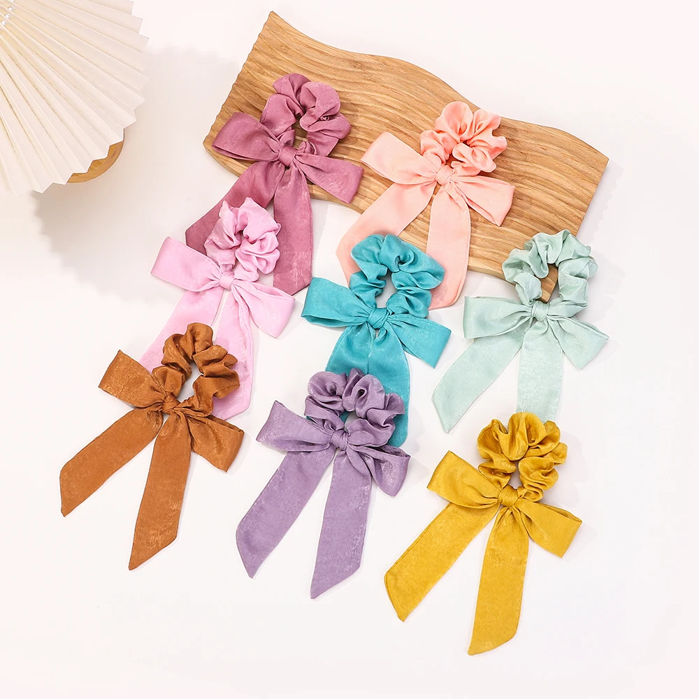 10Pcs Random Color Hair Band Elastic Bowknot Rubber Band Solid Color Headrope High Ponytail Leather Band
