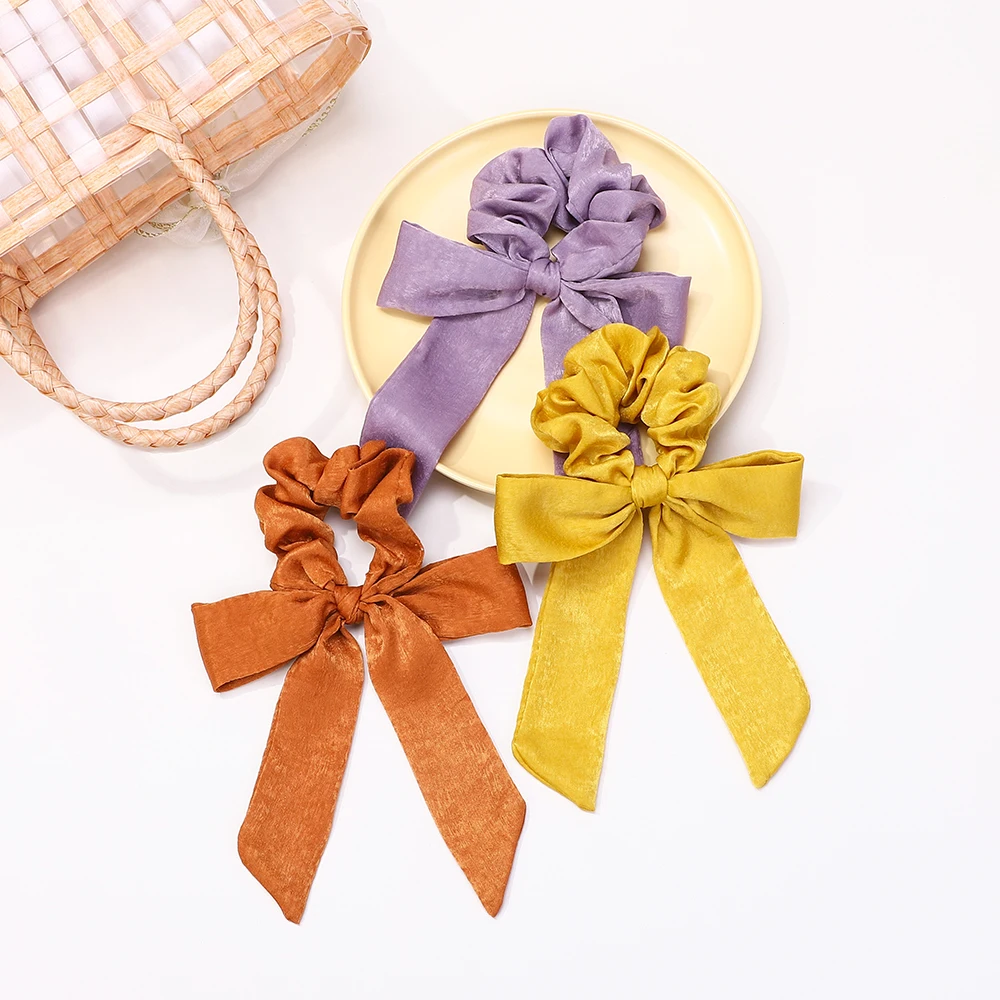 10Pcs Random Color Hair Band Elastic Bowknot Rubber Band Solid Color Headrope High Ponytail Leather Band