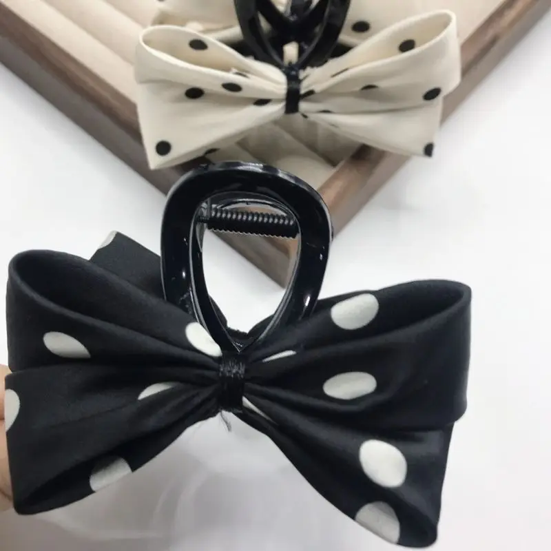 1pc Korean fashion high-end retro black and white contrasting polka dot clip new exquisite bow shark clip hair clip