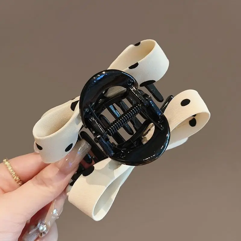 1pc Korean fashion high-end retro black and white contrasting polka dot clip new exquisite bow shark clip hair clip