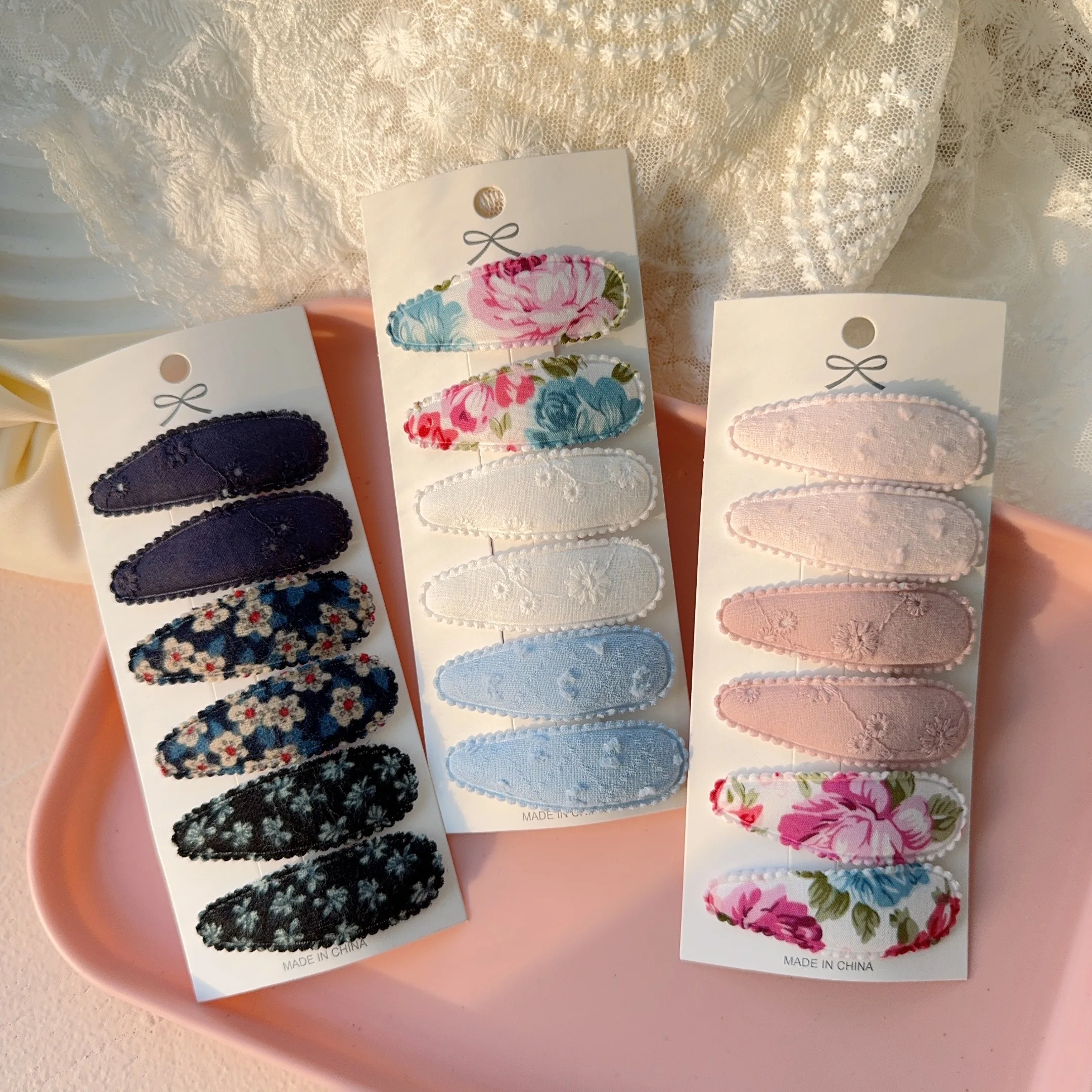 6/10Pcs Candy Colored Safety Cotton Printed Alloy Bow Hair Clip Cute Children Bangs Without Damaging Hair Accessories Girls Gift