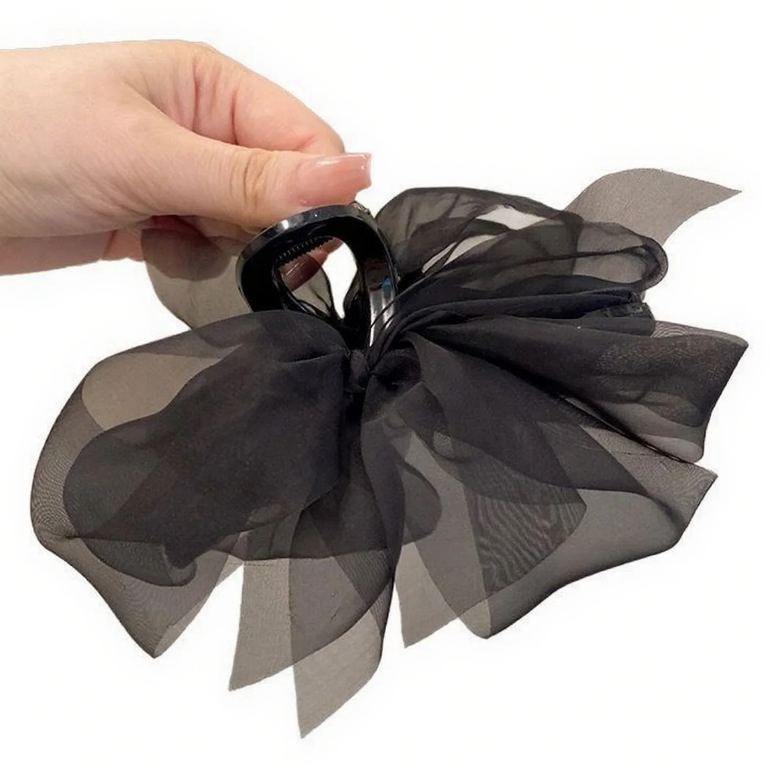 1PCFashion Mesh Tulle Large Bow Grab Clip Elegant Retro Female Net Yarn Ponytail Braid Claw Clip Hair Accessories Gift Headdress
