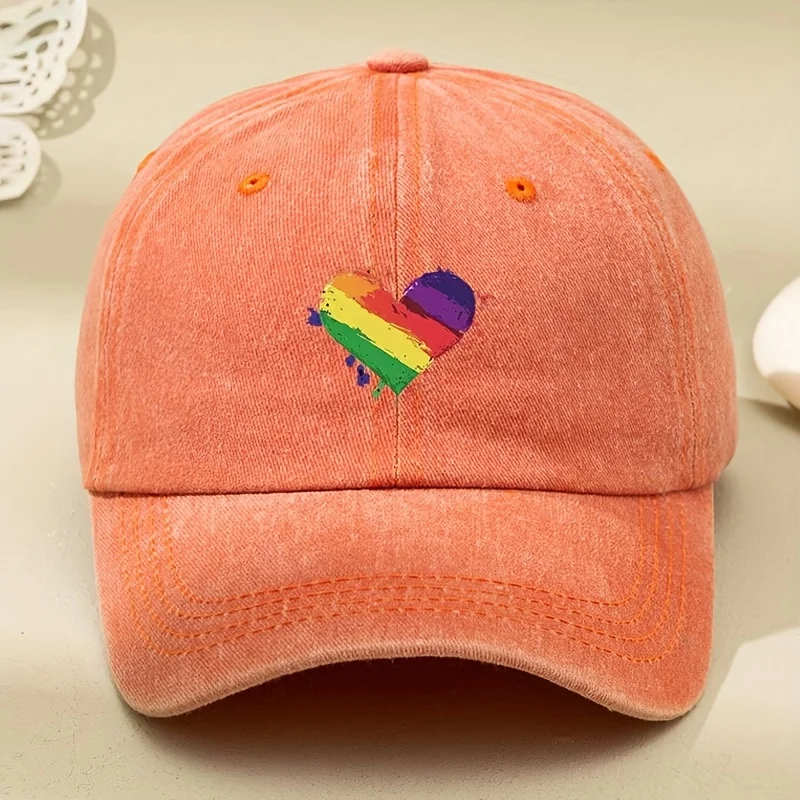 Retro style rainbow heart-shaped printed baseball cap with sun shading and antique design adjustable
