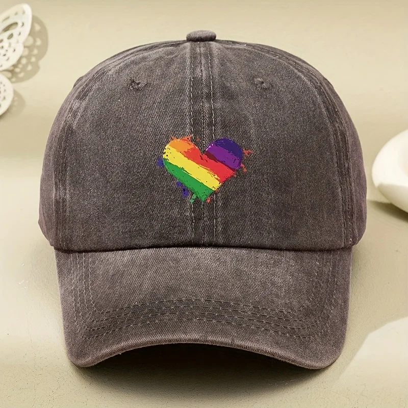 Retro style rainbow heart-shaped printed baseball cap with sun shading and antique design adjustable