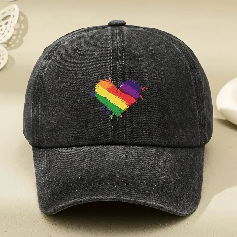 Retro style rainbow heart-shaped printed baseball cap with sun shading and antique design adjustable