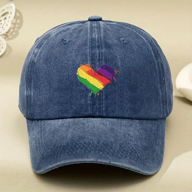 Retro style rainbow heart-shaped printed baseball cap with sun shading and antique design adjustable