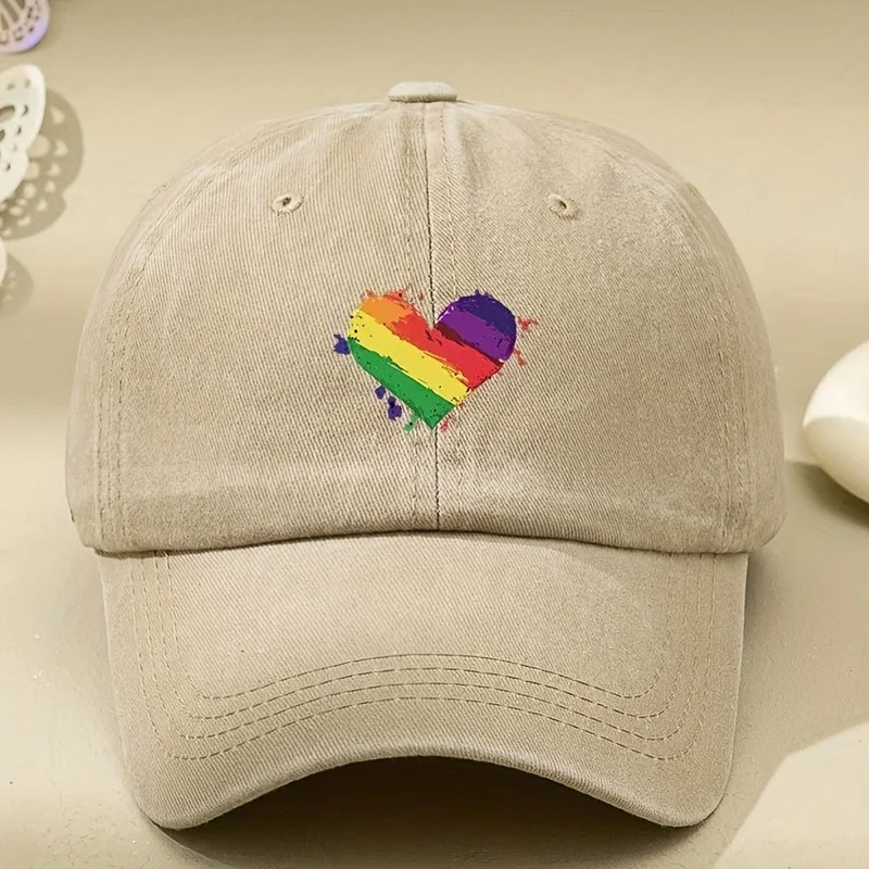 Retro style rainbow heart-shaped printed baseball cap with sun shading and antique design adjustable