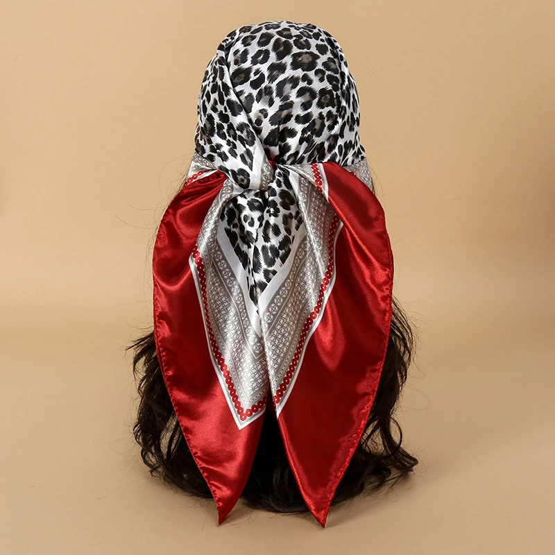 90cm Leopard Print Square Scarf Satin Silk Headband Bandana Woman Hijab Lady Fashion Hairwrap Rock Style Headscarf Islim Turban