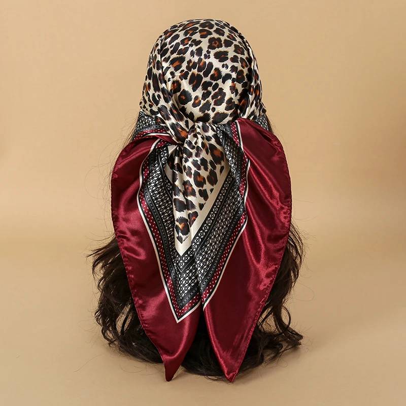 90cm Leopard Print Square Scarf Satin Silk Headband Bandana Woman Hijab Lady Fashion Hairwrap Rock Style Headscarf Islim Turban