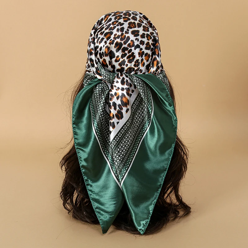 90cm Leopard Print Square Scarf Satin Silk Headband Bandana Woman Hijab Lady Fashion Hairwrap Rock Style Headscarf Islim Turban