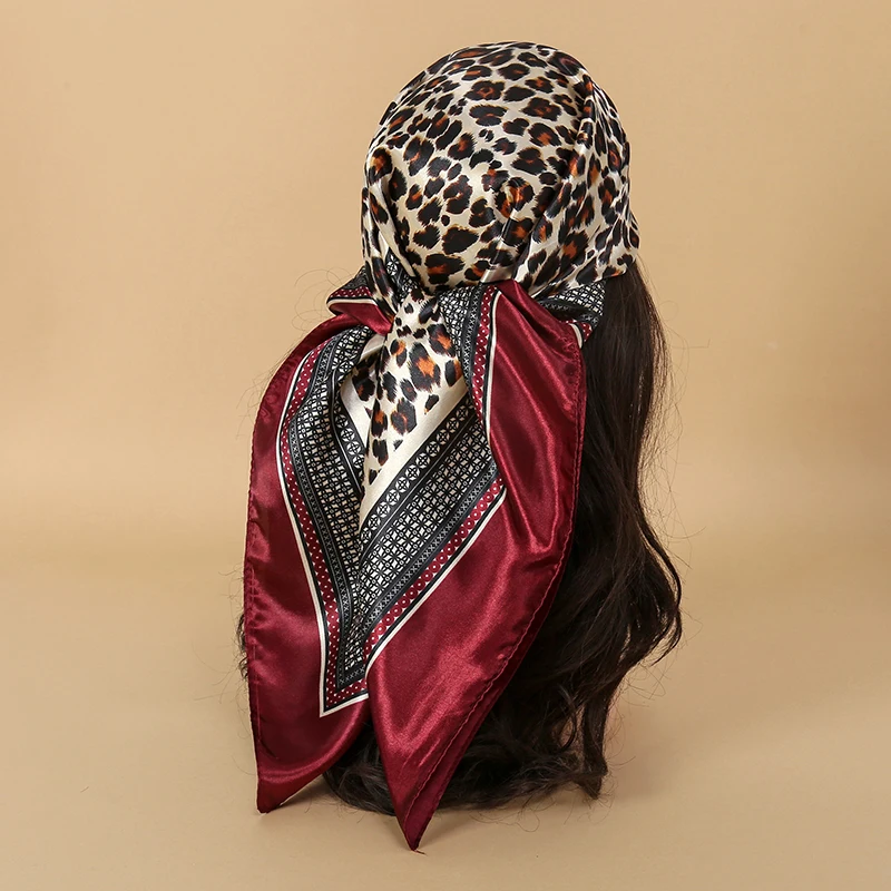 90cm Leopard Print Square Scarf Satin Silk Headband Bandana Woman Hijab Lady Fashion Hairwrap Rock Style Headscarf Islim Turban
