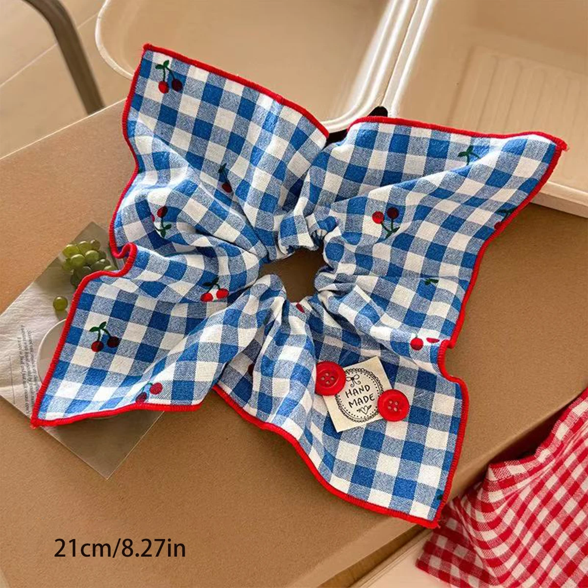 1pc Korean cherry blue plaid button square scarf large intestine scrunchie, women's large hair tie, low ponytail head rope