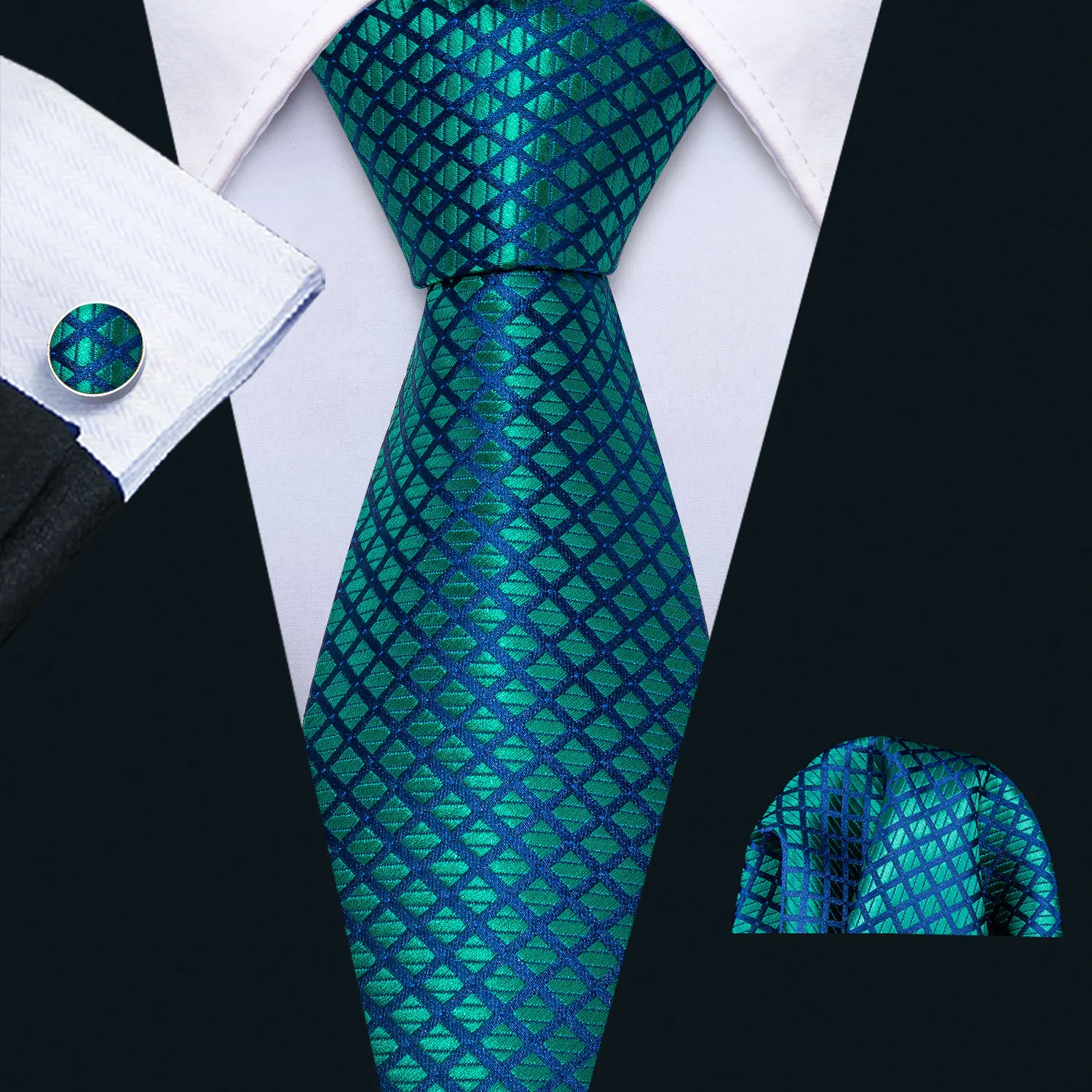 Mens Tie Golden Red Green Pink Plaid Checks Geometric Ties Hanky Cufflinks Set Necktie Formal Wedding Dinner silk Party