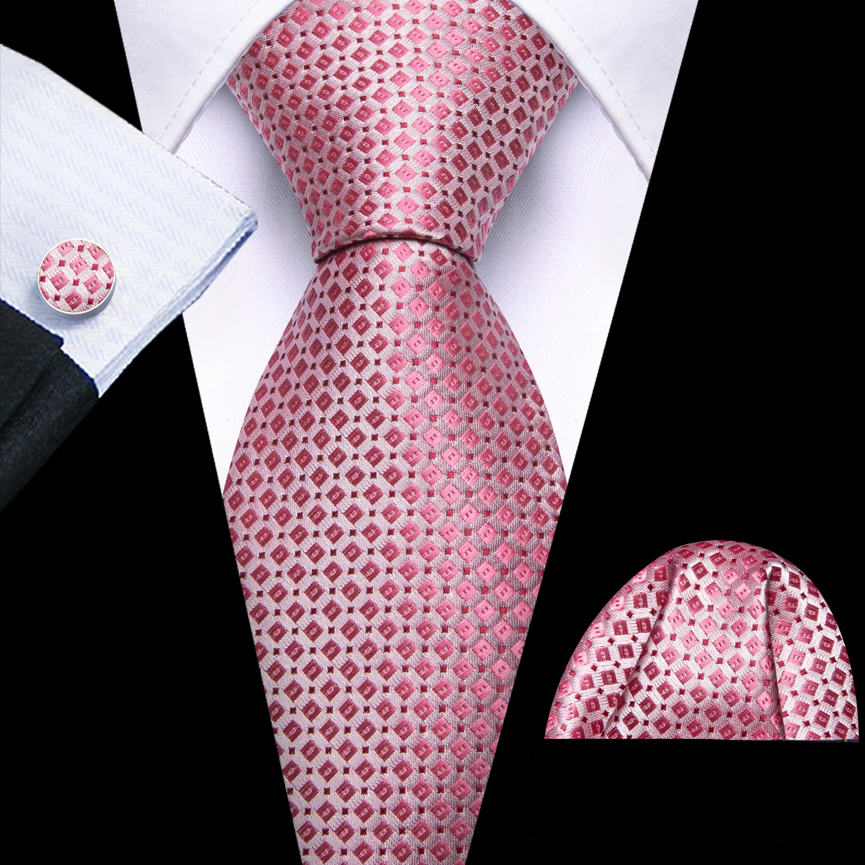 Mens Tie Golden Red Green Pink Plaid Checks Geometric Ties Hanky Cufflinks Set Necktie Formal Wedding Dinner silk Party