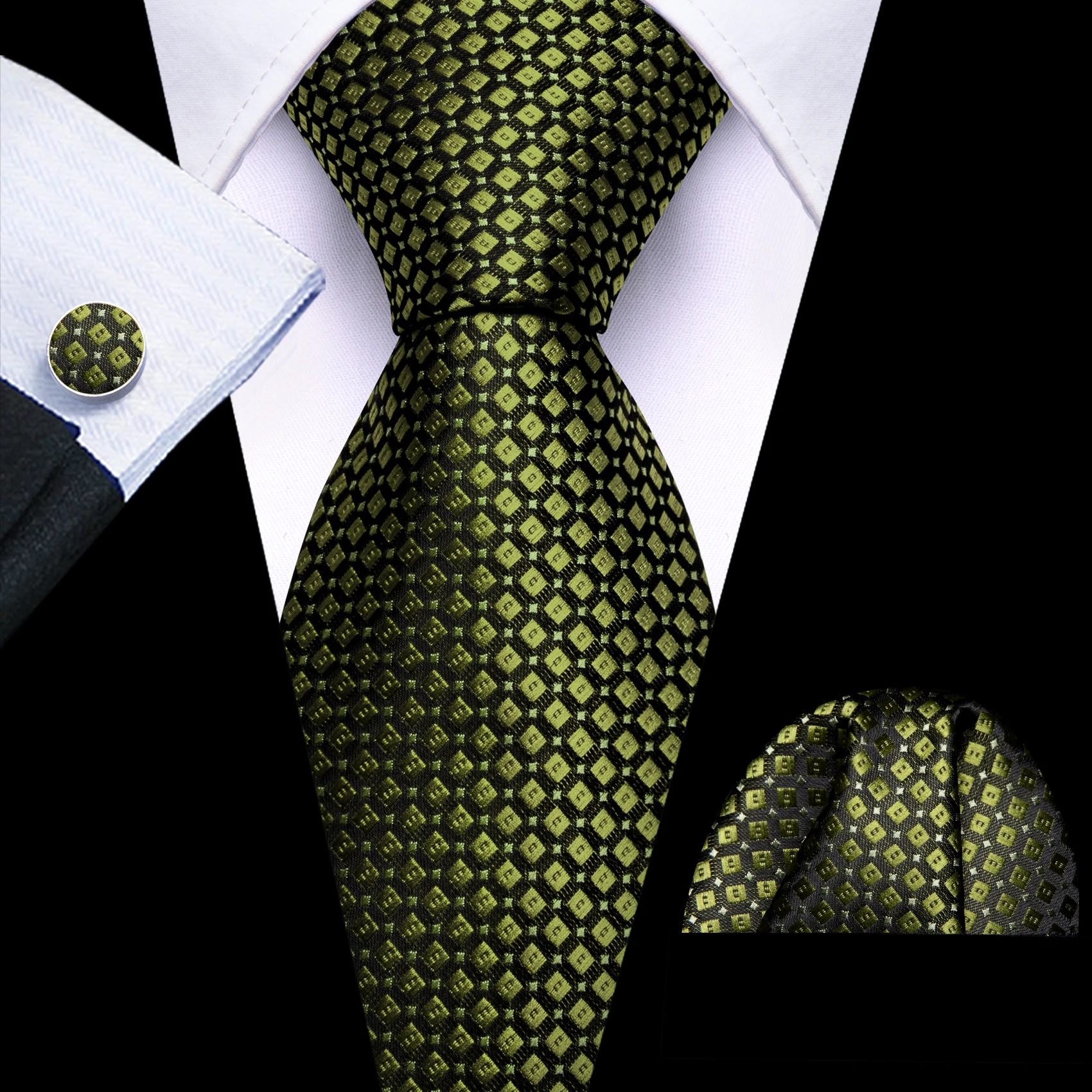 Mens Tie Golden Red Green Pink Plaid Checks Geometric Ties Hanky Cufflinks Set Necktie Formal Wedding Dinner silk Party